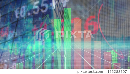 Displaying vertical bars rising from grid plane in trading dashboard, with ticker values and arrows 133288507