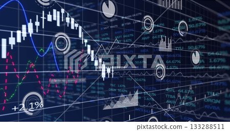 Trading interface displaying candlestick chart and dashed lines on screen, with percentage labels Trading interface displaying candlestick chart and dashed lines on screen, with percentage labels 133288511