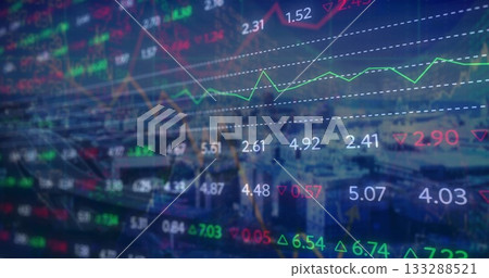 Displaying market line graph with trend channel over dusky skyline, with numeric data and arrows 133288521