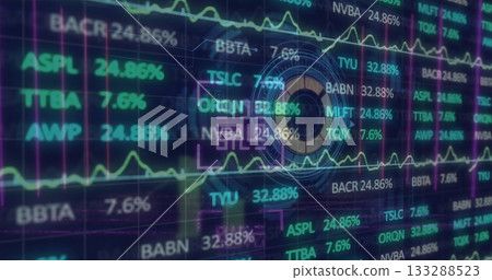 Showing financial interface with holographic circular element and live market data on grid backdrop 133288523