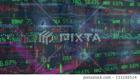 Displaying grid overlay in trading room, with ticker symbols, line graphs and candlestick bars 133288524