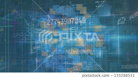 Floating translucent data panels displaying icons, numbers in network hex grid, warning symbols Floating translucent data panels displaying icons, numbers in network hex grid, warning symbols 133288531