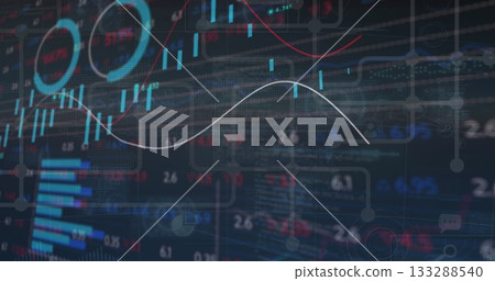 Displaying analytics interface in dark-themed dashboard, with trend curves and candlestick bars Displaying analytics interface in dark-themed dashboard, with trend curves and candlestick bars 133288540