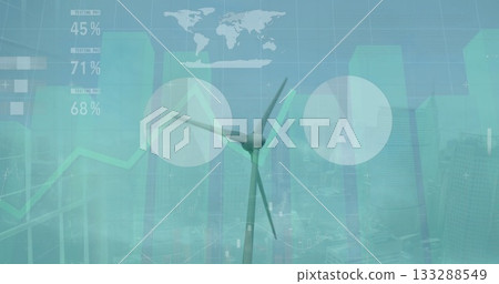 Displaying three-blade wind turbine against city skyline, overlaying data charts and percent labels 133288549