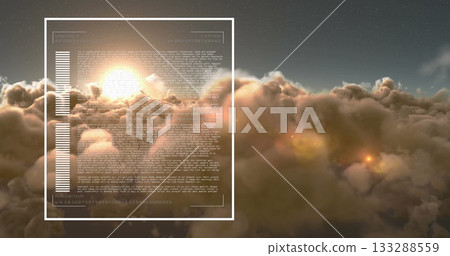 Floating white frame showing alphanumeric data and graph above clouds at dawn with lens flares Floating white frame showing alphanumeric data and graph above clouds at dawn with lens flares 133288559