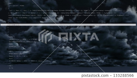 Filling sky storm clouds crossing at dusk horizon, with faint computer code text and bar overlay Filling sky storm clouds crossing at dusk horizon, with faint computer code text and bar overlay 133288566