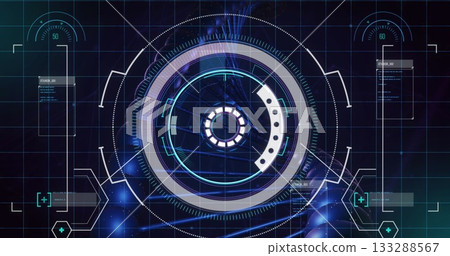 Displaying circular HUD on display featuring rings, arcs, grid and status panels reading 50 and 60 Displaying circular HUD on display featuring rings, arcs, grid and status panels reading 50 and 60 133288567