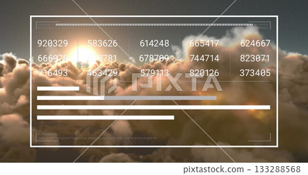 Floating digital interface overlay presenting numeric data above clouds at sunset, with bar graphs 133288568