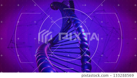 Twisting and spiraling DNA double helix in virtual 3D interface with glowing nodes and target grids Twisting and spiraling DNA double helix in virtual 3D interface with glowing nodes and target grids 133288569