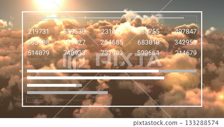Floating user interface overlay panel above clouds at sunrise with numeric grid and progress bars Floating user interface overlay panel above clouds at sunrise with numeric grid and progress bars 133288574