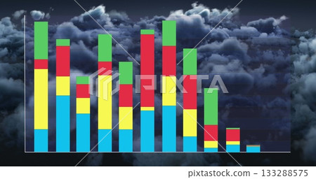 Displaying stacked bar chart with colored segments on dark cloudy sky background with white axes Displaying stacked bar chart with colored segments on dark cloudy sky background with white axes 133288575
