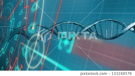 Floating DNA double helix over blue grid, showing neon data lines, circular interface, red streams Floating DNA double helix over blue grid, showing neon data lines, circular interface, red streams 133288576