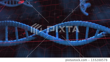 Floating blue DNA double helix on wireframe grid, red ECG waveform, plus signs and molecular icons Floating blue DNA double helix on wireframe grid, red ECG waveform, plus signs and molecular icons 133288578