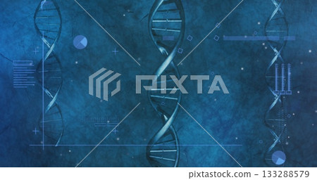 Displaying stylized DNA helix floating in lab visualization, with data icons lines chart bars Displaying stylized DNA helix floating in lab visualization, with data icons lines chart bars 133288579