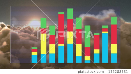 Displaying stacked bar chart with multicolored segments over sunrise cloudscape, gridlines, axes 133288581