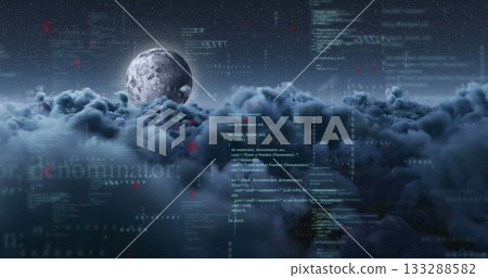 Emerging rocky moon hovering above dense clouds at night, with code, binary digits and HUD elements Emerging rocky moon hovering above dense clouds at night, with code, binary digits and HUD elements 133288582
