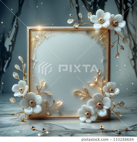 Clear leaf frame with white flowers and gold decoration 133288684