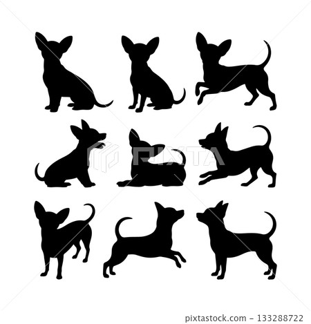 Various silhouettes of playful small dogs showcasing different poses and actions in a simple design 133288722