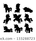 Collection of unicorn silhouettes in various playful poses on a simple white background 133288723