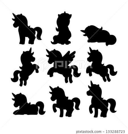 Collection of unicorn silhouettes in various playful poses on a simple white background 133288723
