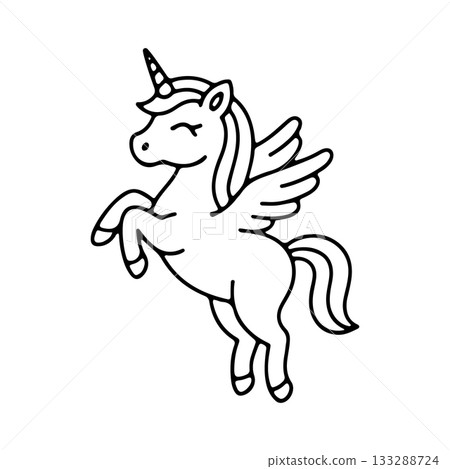 Fun and whimsical unicorn with wings in a playful pose, suitable for children s art and decorations 133288724