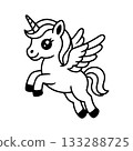 Cute unicorn with wings jumping in a playful pose, perfect for a children s drawing or coloring activity 133288725
