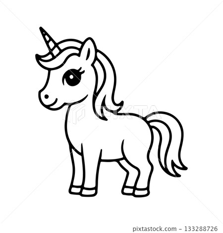Colorful unicorn standing proudly in a playful pose with a shiny horn and flowing mane Colorful unicorn standing proudly in a playful pose with a shiny horn and flowing mane 133288726
