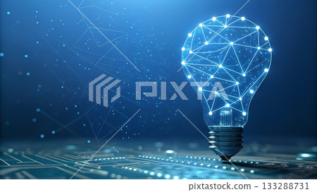 Inspiring technology concept with interconnected network in a lightbulb shines bright for data solutions and innovative thinking, digital future ahead 133288731