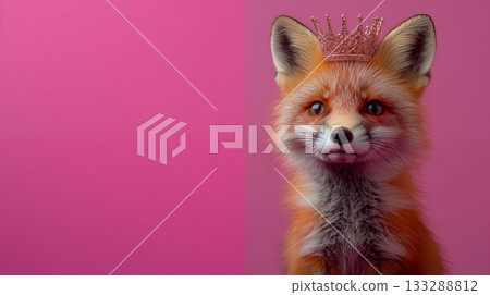 Red fox wearing crown against pink background, whimsical portrait concept 133288812