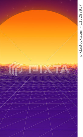 Retro-futuristic grid landscape with glowing orange sun on horizon, evoking synthwave and cyberpunk style Retro-futuristic grid landscape with glowing orange sun on horizon, evoking synthwave and cyberpunk style 133288917