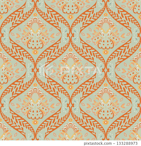 Ornate Coral Mint Floral Damask 133288973