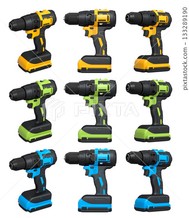 Set of cordless electric drills standing upright, isolated on white background with clipping path, power tool design concept 133289190