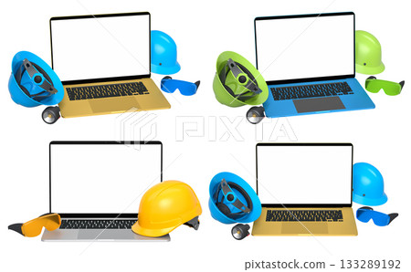 Laptops with blank screens surrounded by construction helmets, respirators and earmuffs on white background with clipping path 133289192