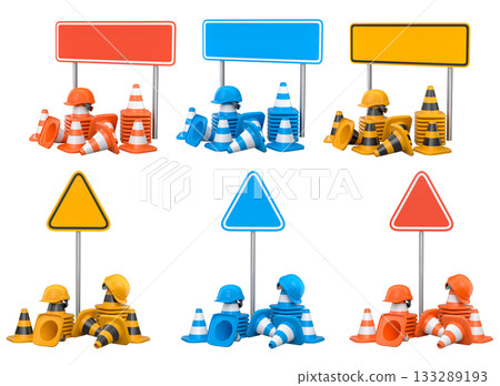 Construction hard hats, traffic cones, and road signs isolated on white background with clipping path, concept of safety gear Construction hard hats, traffic cones, and road signs isolated on white background with clipping path, concept of safety gear 133289193