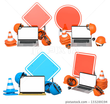 Laptops with blank screens surrounded by construction helmets, cones and warning signs on white background with clipping path 133289194