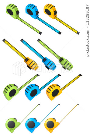 Set of measuring tapes in green, blue, and yellow with extended rulers, isolated on white background with clipping path 133289197