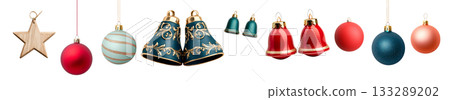 Green, red and gold crafted decorative bells with floral patterns isolated on transparent white background, showcasing elegance and craftsmanship Green, red and gold crafted decorative bells with floral patterns isolated on transparent white background, showcasing elegance and craftsmanship 133289202