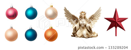 Assorted colorful Christmas baubles, golden angel figurine, and red star tree topper on white background, concept of festive decor. 133289204