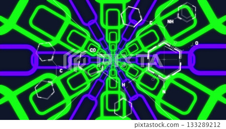 Featuring central neon green and purple loop tunnel in digital space, with white molecular overlays Featuring central neon green and purple loop tunnel in digital space, with white molecular overlays 133289212