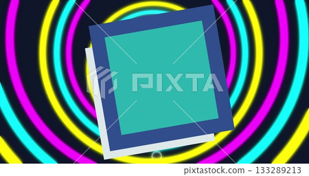 Displaying square stack with white base and blue-bordered teal square on dark backdrop, neon rings Displaying square stack with white base and blue-bordered teal square on dark backdrop, neon rings 133289213
