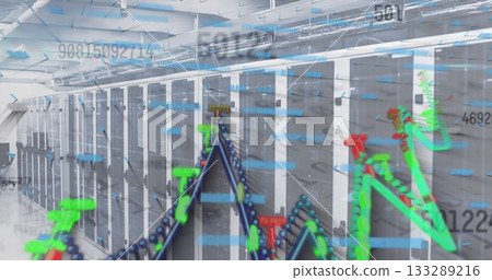 Operating rack servers under overhead cable trays in data center corridor, showing line graphs Operating rack servers under overhead cable trays in data center corridor, showing line graphs 133289216