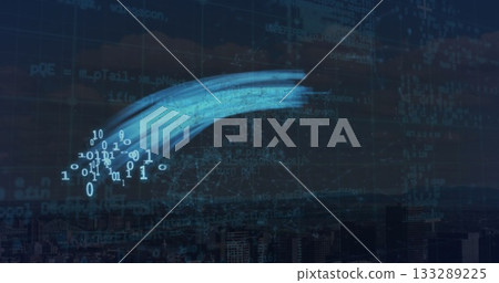 Flowing blue brush-stroke data trail with binary clusters across nighttime city skyline, with code 133289225