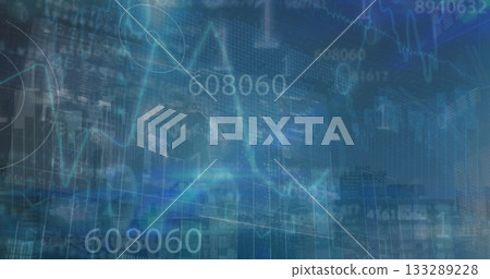 Displaying financial overlay covering city skyline at dusk, with translucent charts and tickers Displaying financial overlay covering city skyline at dusk, with translucent charts and tickers 133289228