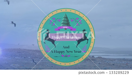 Floating turquoise graphic showing evergreen tree and reindeer at shoreline, with seagulls flying Floating turquoise graphic showing evergreen tree and reindeer at shoreline, with seagulls flying 133289229