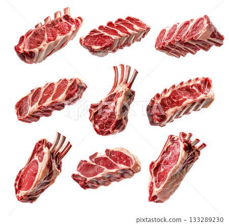 Set of rack of Lamb, isolated on white background, showcasing culinary concept Set of rack of Lamb, isolated on white background, showcasing culinary concept 133289230