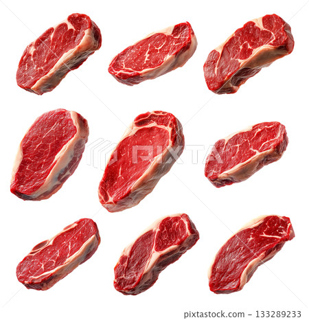 Set of of fresh pork chop cut isolated on white background, showcasing texture and quality 133289233