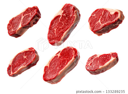 Set of of fresh pork chop cut isolated on white background, showcasing texture and quality 133289235