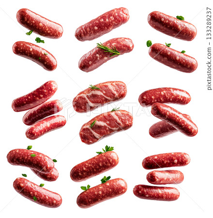 Set of raw pork sausages isolated on white background, concept of culinary ingredients 133289237
