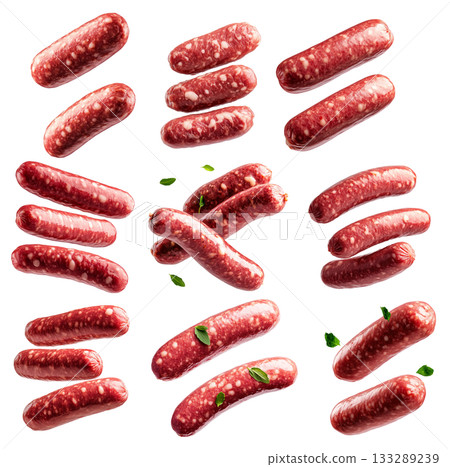 Set of raw pork sausages isolated on white background, concept of culinary ingredients 133289239