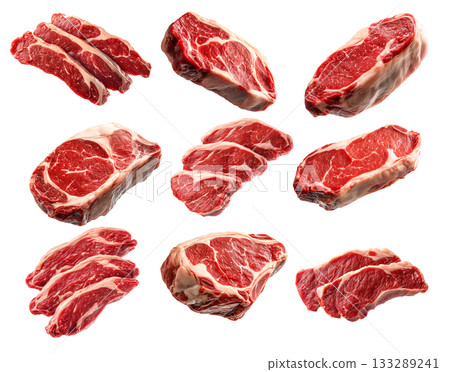Set of pork shoulder steak showcasing marbled texture isolated on white background, emphasizing freshness and quality Set of pork shoulder steak showcasing marbled texture isolated on white background, emphasizing freshness and quality 133289241